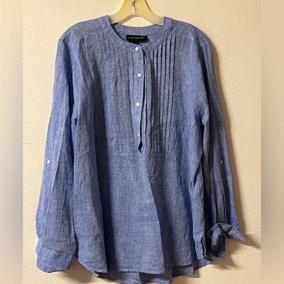 Lane Bryant 14/16 Linen Cotton Pleated Popover Tunic Top Blue Roll Tab Casual - Picture 1 of 6